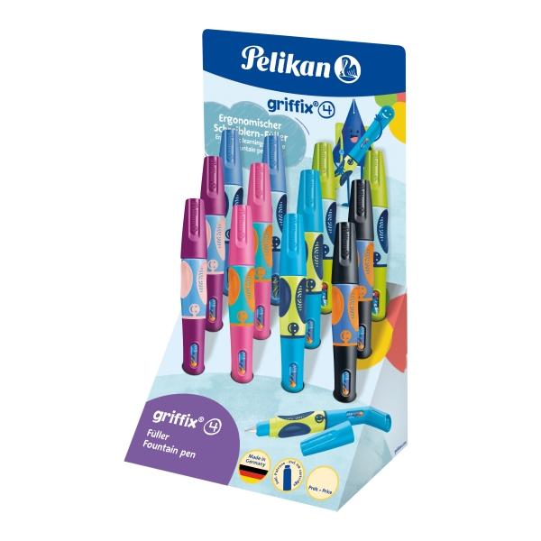 Pelikan Griffix Expositor con 12 Plumas Estilograficas para Diestros - Plumin de Acero Inoxidable - 3 Puntos de Agarre con Indicador - Ergonomico - Tapa Protectora - Colores Surtidos