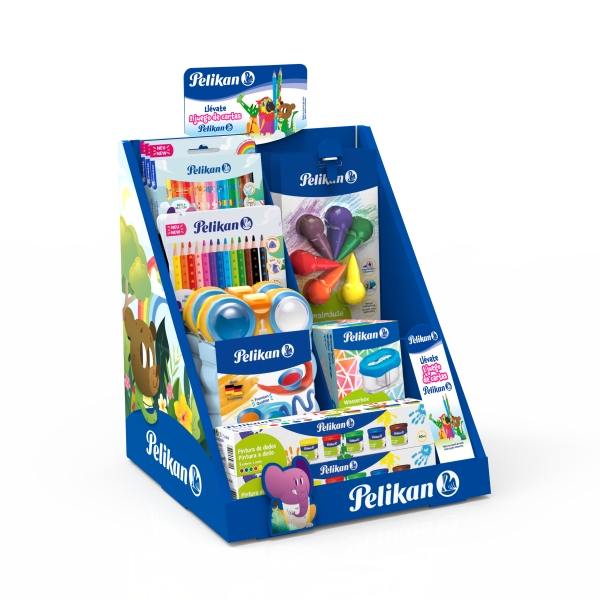 Pelikan Hobbies Expositor con 14 Productos para Manualidades - Rotuladores Jumbo - Lapices de Colores Jumbo - Acuarelas - Recipientes de Agua - Ceras Raton - Pintura de Dedos - Colores Surtidos