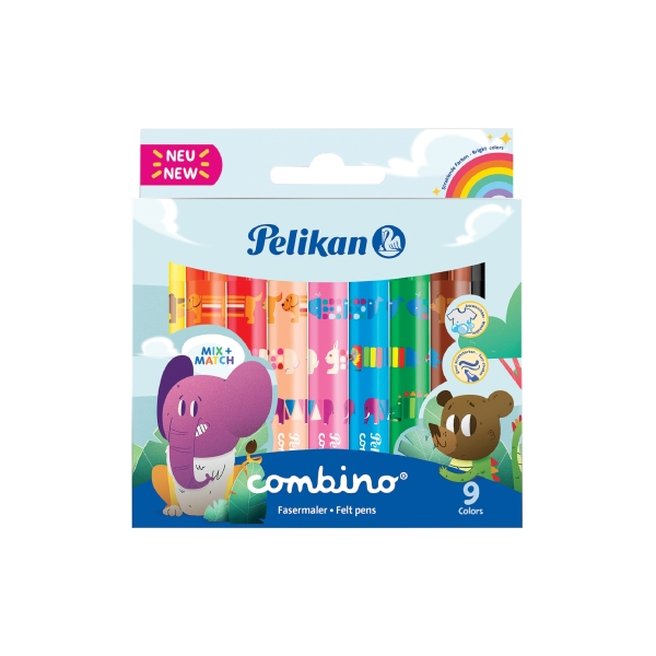 Pelikan Combino Jumbo Pack de 9 Rotuladores de Colores - Lavables - No Toxicos - 2 Anchos de Trazo - Punta de Fibra - Colores Surtidos