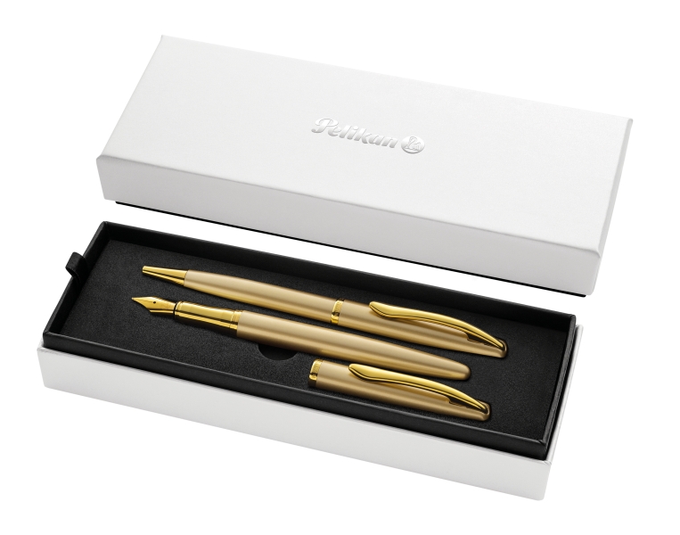 Pelikan Jazz Noble Set de Boligrafo y Estilografica - Cuerpo Satinado con Detalles Cromados - Incluye Estuche de Regalo - Color Oro