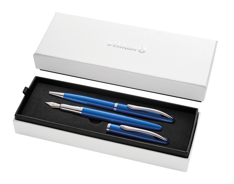 Pelikan Jazz Noble Set de Boligrafo y Estilografica - Cuerpo Satinado con Detalles Cromados - Incluye Estuche de Regalo - Color Zafiro