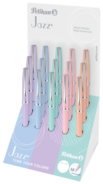 Pelikan Jazz Expositor con 15 Boligrafos Retractiles - Trazo de 1mm - Mecanismo de Giro - Recambio 337M Azul - Colores Pastel Surtidos