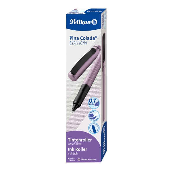 Pelikan Pina Colada Boligrafo Recargable - Trazo de 0.7mm - Agarre Ergonomico Ambidiestro - Cuerpo Rayado Efecto Metalico - Cartucho TP6 Azul Real - Color Malva