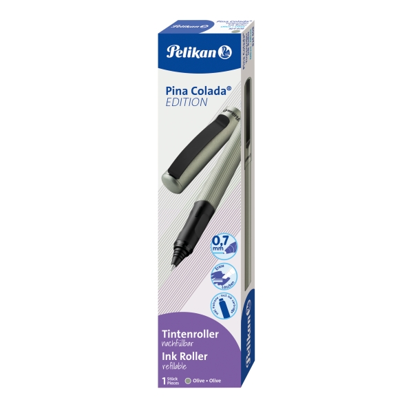 Pelikan Pina Colada Boligrafo Recargable - Trazo de 0.7mm - Agarre Ergonomico Ambidiestro - Cuerpo Rayado Efecto Metalico - Cartucho TP6 Azul Real - Color Oliva