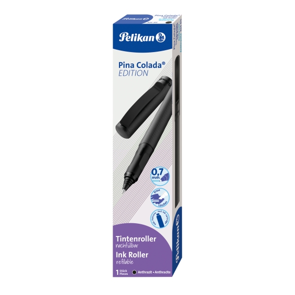 Pelikan Pina Colada Boligrafo Recargable - Trazo de 0.7mm - Agarre Ergonomico Ambidiestro - Cuerpo Rayado Efecto Metalico - Cartucho TP6 Azul Real - Color Antracita