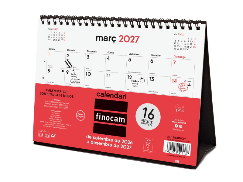 Finocam Neutro Calendario de Sobremesa en Catalan - 16 Meses - Mes Vista - Formato S - 210x150mm - Espiral Doble Metalica - Papel de 120g/m2 - Listado de Festivos - Color Rojo/Blanco