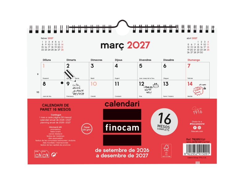 Finocam Neutro Calendario de Pared en Catalan - 16 Meses - Mes Vista - Formato S - 210x150mm - Espiral Doble Metalica - Papel de 120g/m2 - Listado de Festivos - Color Rojo/Blanco