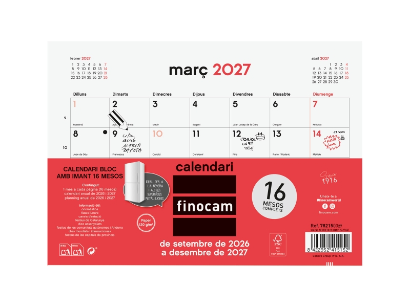 Finocam Neutro Bloc Calendario con Iman en Catalan - 16 Meses - Mes Vista - Formato S - 210x150mm - Listado de Festivos - Papel de 120g/m2 - Listado de Festivos - Color Rojo/Blanco