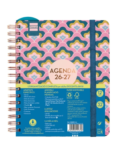 Finocam Magistral Design Agenda Escolar 26/27 en Catalan - Semana Vista Horizontal - Formato 4º - 155x212mm - Tapas de Carton Forrado - Papel de 80g/m2 - Esquinas Microperforadas - Multicolor