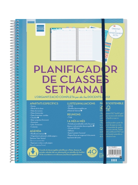 Finocam Organizacion Planificador de Clases sin Fechar en Catalan para Docentes - Semana Vista Vertical - 230x310mm - Tapas de Polipropileno - Papel de 80g/m2 - Espiral Metalica - Color Azul