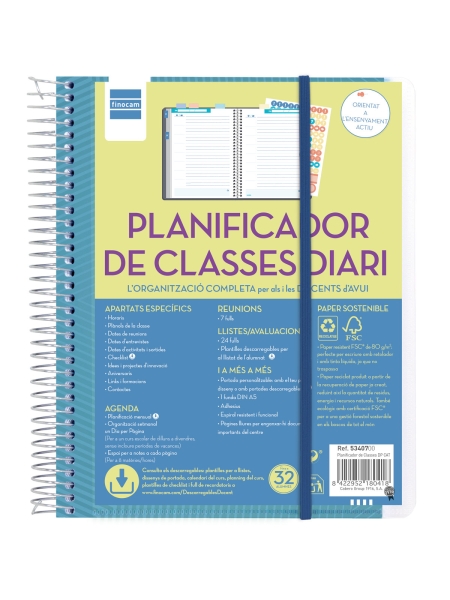 Finocam Organizacion Planificador de Clases sin Fechar en Catalan para Docentes - 1 Dia por Pagina - Formato 4º - 155x212mm - Tapas de Polipropileno - Papel de 80g/m2 - Espiral - Color Azul