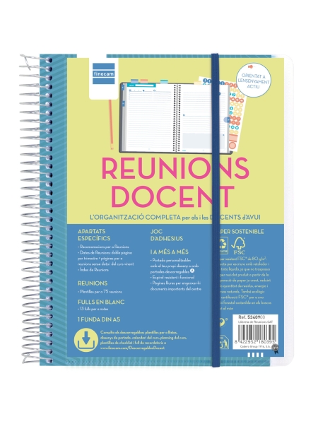 Finocam Organizacion Planificador de Reuniones sin Fechar en Catalan para Docentes - Formato 4º - 155x212mm - Tapas de Polipropileno - Papel de 80g/m2 - Espiral Metalica - Color Azul
