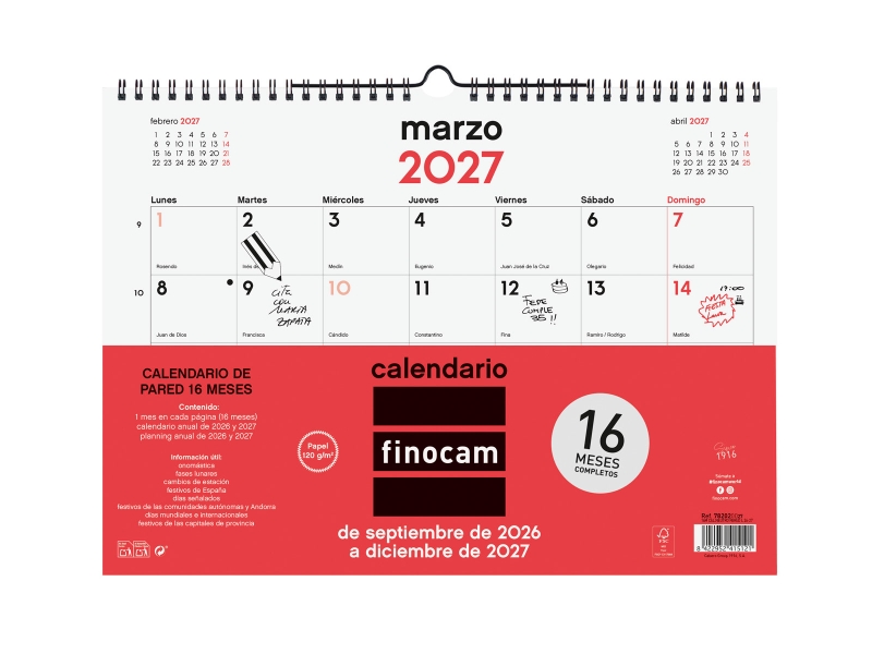 Finocam Neutro Calendario de Pared - 16 Meses - Mes Vista - Formato L - 340x240mm - Espiral Doble Metalica - Papel de 120g/m2 - Listado de Festivos - Color Rojo/Blanco