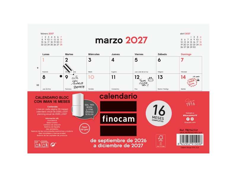 Finocam Neutro Bloc Calendario con Iman - 16 Meses - Mes Vista - Formato S - 210x150mm - Listado de Festivos - Papel de 120g/m2 - Listado de Festivos - Color Rojo/Blanco