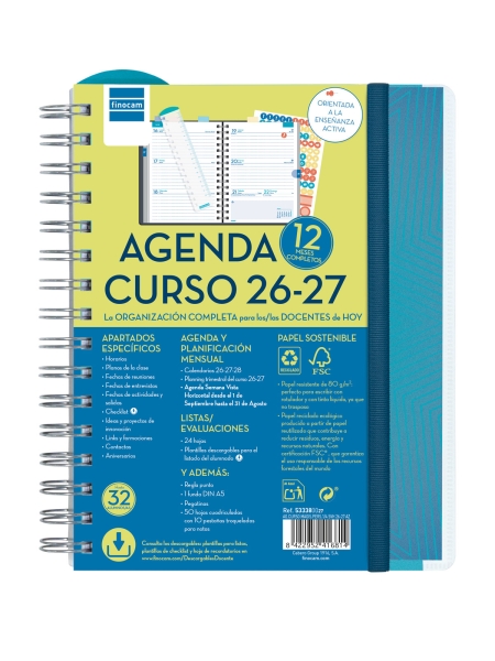 Finocam Magistral Agenda Escolar 26/27 - Semana Vista Horizontal - Formato 4º - 155x212mm - Tapas de Polipropileno - Papel de 80g/m2 - Espiral Metalica - Esquinas Microperforadas - Color Azul