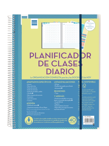 Finocam Organizacion Planificador de Clases sin Fechar para Docentes - 1 Dia por Pagina - 230x310mm - Tapas de Polipropileno - Papel de 80g/m2 - Espiral Metalica - Color Azul