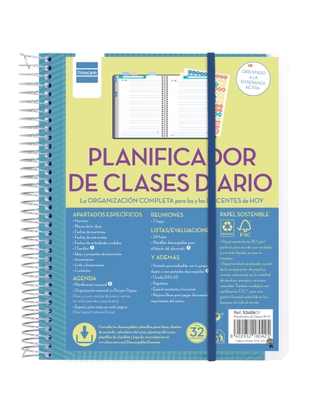 Finocam Organizacion Planificador de Clases sin Fechar para Docentes - 1 Dia por Pagina - Formato 4º - 155x212mm - Tapas de Polipropileno - Papel de 80g/m2 - Espiral Metalica - Color Azul