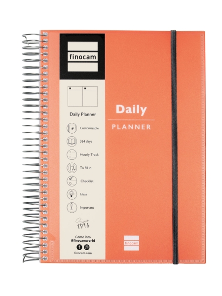 Finocam My Time Agenda sin Fechar - 1 Dia por Pagina - Formato E10 - 155x212mm - Tapas de Polipropileno - Papel de 80g/m2 - Espiral de Plastico - Adhesivos Tematicos - Color Naranja