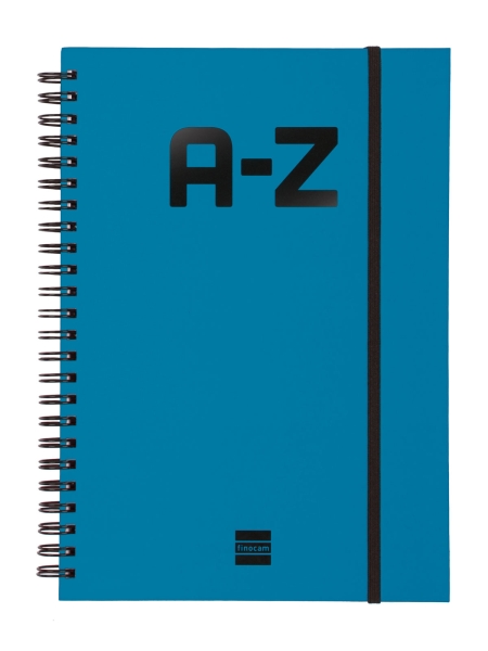 Finocam A-Z Indice Alfabetico - Formato A5 - 148x210mm - Tapas de Carton Forrado - Papel de 80g/m2 - Cierre con Goma Elastica - Espiral Doble Metalica - Color Azul