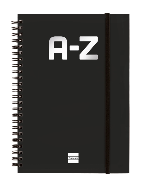 Finocam A-Z Indice Alfabetico - Formato A5 - 148x210mm - Tapas de Carton Forrado - Papel de 80g/m2 - Cierre con Goma Elastica - Espiral Doble Metalica - Color Negro