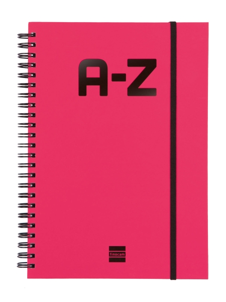 Finocam A-Z Indice Alfabetico - Formato A5 - 148x210mm - Tapas de Carton Forrado - Papel de 80g/m2 - Cierre con Goma Elastica - Espiral Doble Metalica - Color Magenta