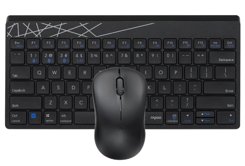 Rapoo 8000M Pack Teclado Compacto + Raton Inalambricos - Bluetooth y 2.4GHz -  Raton 1300 DPI - Autonomia hasta 12 Meses - Color Negro