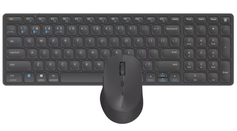 Rapoo 9700M Pack Teclado Ultrafino + Raton Inalambricos - Bluetooth y 2.4GHz -  Raton 1600 DPI - Bateria Recargable Ecologica - Autonomia hasta 12 Meses - Color Negro
