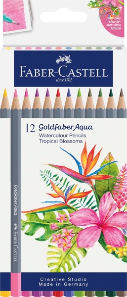 Faber-Castell Tropical Escapes Pack con 12 Lapices de Colores Acuarelables Goldfaber - Mina de 3,3mm - Aplicacion Suave - Madera Certificada FSC - Colores Surtidos