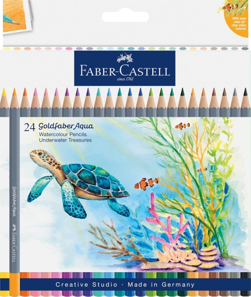 Faber-Castell Tropical Escapes Pack con 24 Lapices de Colores Acuarelables Goldfaber - Mina de 3,3mm - Aplicacion Suave - Madera Certificada FSC - Colores Surtidos