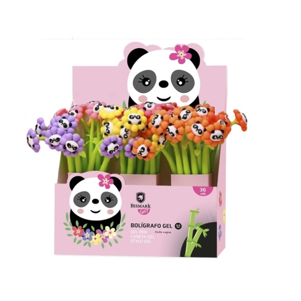 Bismark Animals Panda Boligrafo Tacto Soft con Flores y Cara de Panda - Punta Fina - Tinta Gel Color Negro - 6 Diseños Diferentes