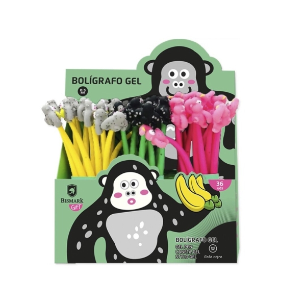 Bismark Animals Gorila Boligrafo Tacto Soft con Divertidos Gorilas - Punta Fina - Tinta Gel Color Negro - 3 Diseños Diferentes