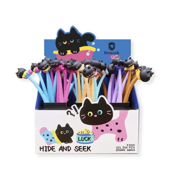 Bismark Animals Gato Boligrafo Tacto Soft con Divertidos Gatitos Negros - Punta Fina - Tinta Gel Color Negro - 6 Diseños Diferentes
