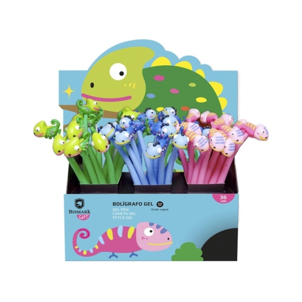 Bismark Animals Camaleon Boligrafo Tacto Soft con Divertidos Camaleones - Punta Fina - Tinta Gel Color Negro - 3 Diseños Diferentes