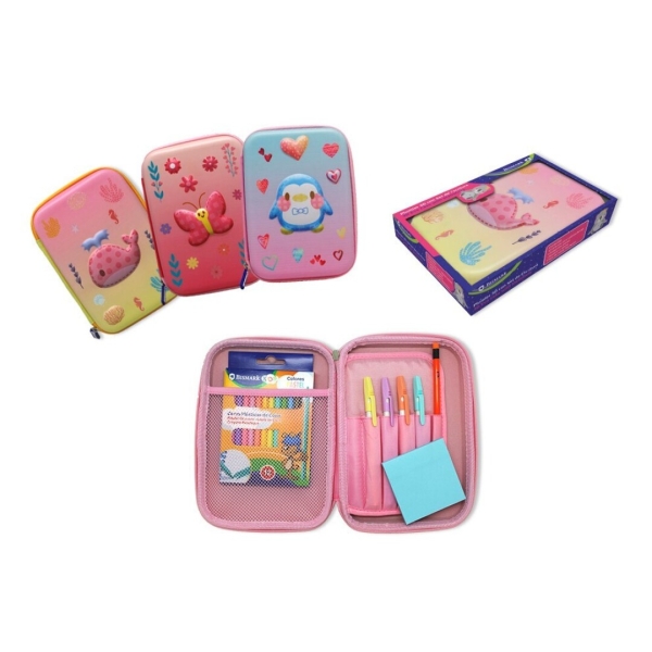 Bismark Animals Plumier 3D Goma Eva de 1 Compartimento - Incluye 12 Ceras de Colores Pastel, 4 Boligrafos Pastel, 1 Lapicero con Goma y 1 Taco de Notas 76x76 mm - 3 Diseños Diferentes