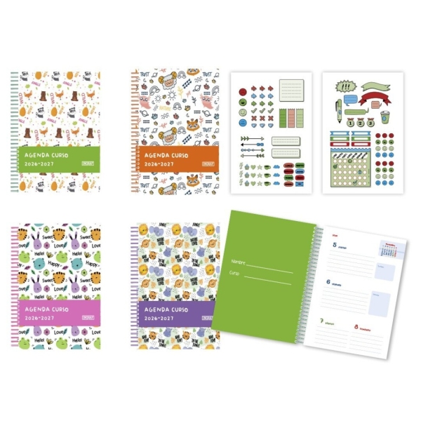 Bismark Animals Agenda Escolar 26-27 Semana Vista A5 - Tapa de Carton Forrada - Hojas Interiores de Color - Planning Mensual - 2 Hojas de Pegatinas - 4 Diseños Diferentes