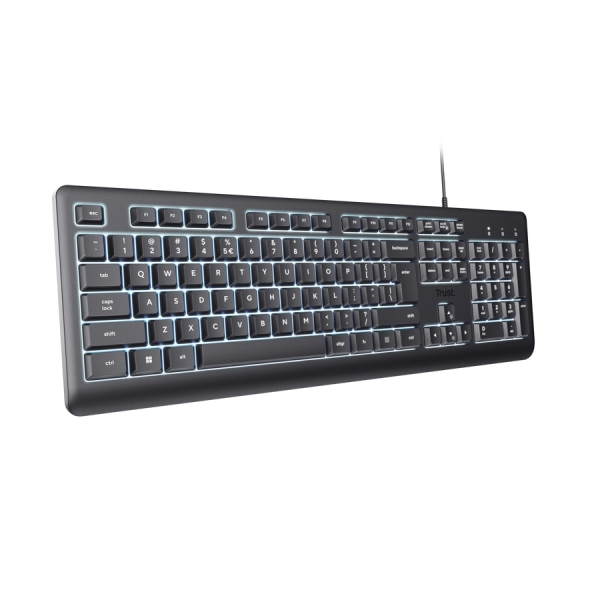 Trust Primo Teclado de Formato Completo con Cable USB-C - Retroiluminacion LED - Proteccion contra Derrames - 104 Teclas Silenciosas - Adaptador USB-A - 22x184x436mm - Color Negro