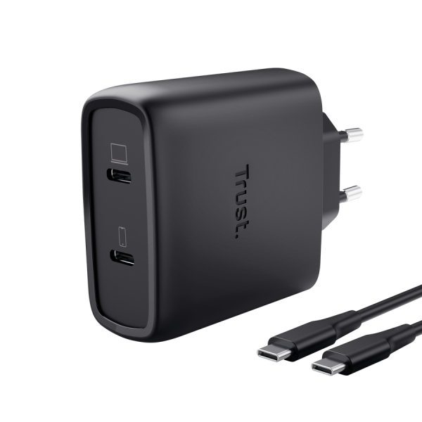 Trust Maxo Cargador de Pared - 65W - GaN - 2xUSB-C - Cable USB-C de 2m - Power Delivery - Plastico Reciclado - 30x63x97mm - Color Negro