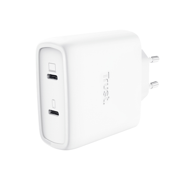 Trust Maxo Cargador de Pared - 65W - GaN - 2xUSB-C - Cable USB-C de 2m - Power Delivery - Plastico Reciclado - 30x63x97mm - Color Blanco