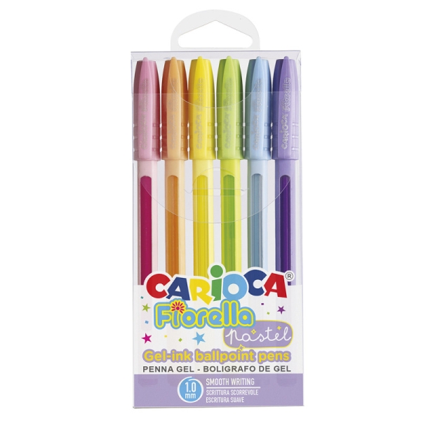 Carioca Fiorella Pack de 6 Boligrafos de Colores Tinta Gel - Punta de Bola 1mm - Cuerpo Transparente Pastel - Colores Pastel Surtidos