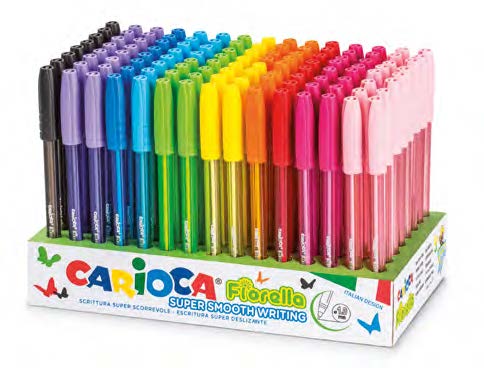 Carioca Fiorella Expositor con 120 Boligrafos de Colores Tinta Gel - Punta de Bola 1mm - Cuerpo Transparente de Colores - Colores Surtidos