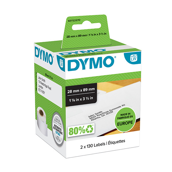 Dymo 99010 Pack de 2 Rollos de Etiquetas Original para Rotuladora - 130 Etiquetas por Rollo - Medidas 28mm x 89mm - Color Blanco