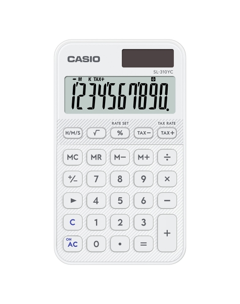 Casio SL-310YC Calculadora de Bolsillo con Pantalla LCD de 10 Digitos - Calculo de Impuestos - Alimentacion Solar y Pilas - Compacta y Ligera - Color Blanco