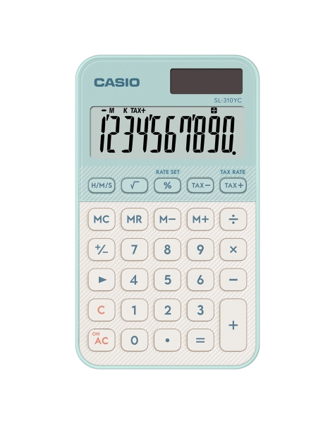 Casio SL-310YC Calculadora de Bolsillo con Pantalla LCD de 10 Digitos - Calculo de Impuestos - Alimentacion Solar y Pilas - Compacta y Ligera - Color Verde Claro/Blanco