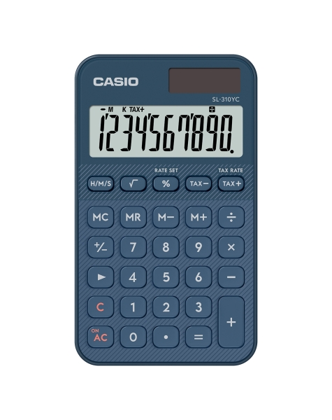Casio SL-310YC Calculadora de Bolsillo con Pantalla LCD de 10 Digitos - Calculo de Impuestos - Alimentacion Solar y Pilas - Compacta y Ligera - Color Azul Navy