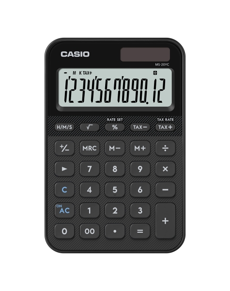 Casio SL-20YC Calculadora de Sobremesa con Pantalla LCD de 12 Digitos - Calculo de Impuestos, Porcentajes, Raiz Cuadrada etc... - Alimentacion Solar y Pilas - Color Negro