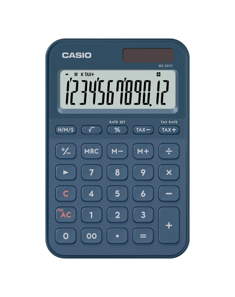 Casio SL-20YC Calculadora de Sobremesa con Pantalla LCD de 12 Digitos - Calculo de Impuestos, Porcentajes, Raiz Cuadrada etc... - Alimentacion Solar y Pilas - Color Azul Navy