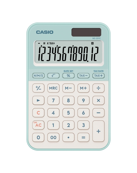 Casio SL-20YC Calculadora de Sobremesa con Pantalla LCD de 12 Digitos - Calculo de Impuestos, Porcentajes, Raiz Cuadrada etc... - Alimentacion Solar y Pilas - Color Verde Claro/Blanco
