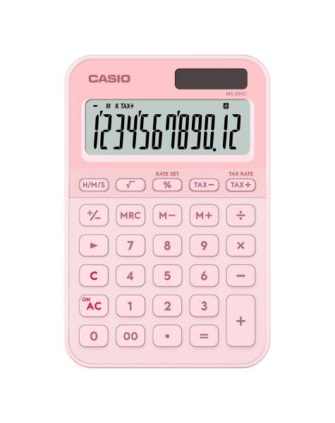 Casio SL-20YC Calculadora de Sobremesa con Pantalla LCD de 12 Digitos - Calculo de Impuestos, Porcentajes, Raiz Cuadrada etc... - Alimentacion Solar y Pilas - Color Rosa Claro