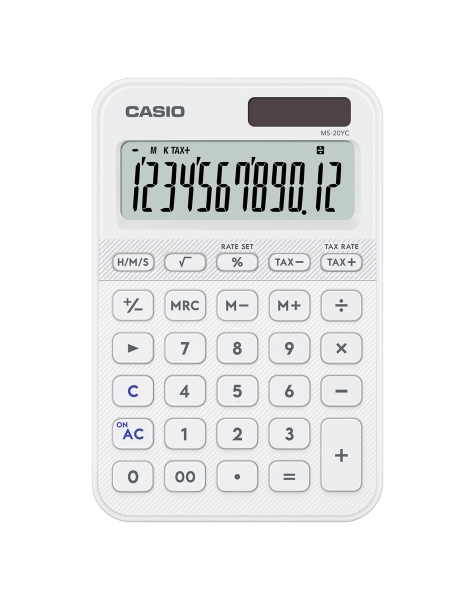 Casio SL-20YC Calculadora de Sobremesa con Pantalla LCD de 12 Digitos - Calculo de Impuestos, Porcentajes, Raiz Cuadrada etc... - Alimentacion Solar y Pilas - Color Blanco