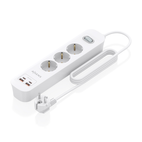 Aisens Regleta con 3 Tomas Schuko - 2xUSB-C - 2xUSB-A - Cable de 1.4m - Interruptor con Indicador LED - Power Delivery 3.0 - Qualcomm 3.0 - Color Blanco